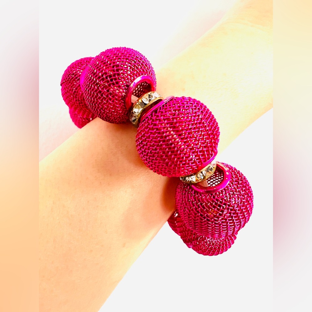 Vintage chunky Hot Pink Bracelet Stretchy Metal Mesh rheistones 6 - 7" - Picture 5 of 12